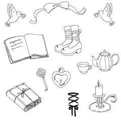 線画のシンプルなアイコンセット、レトロ、紅茶、キャンドル、本、鳥、リボン