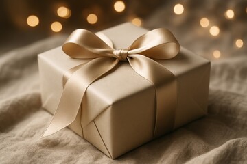 elegant holiday gift box wrapped in matte ivory paper and tied with a wide satin ribbon