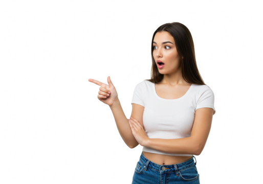 A surprised young woman points to the side with an astonished expression isolated on a transparent background
