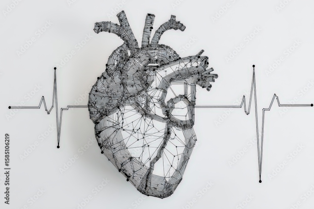 Poster intricately designed three-dimensional heart illustration conveying the pulse of life using innovati