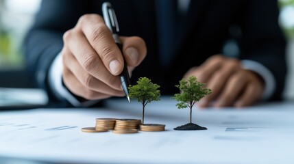 Corporate auditor focuses on ESG compliance and sustainability initiatives at the office while analyzing reports and digital tools
