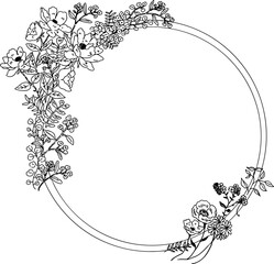 丸い装飾枠、お洒落な花たちの手書き線画イラスト