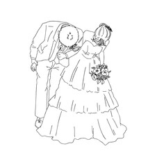 結婚式、ウェディングでお辞儀をする新郎新婦の線画イラスト