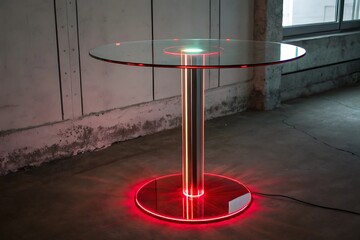 Glass top table with illuminated chrome pedestal and red base image