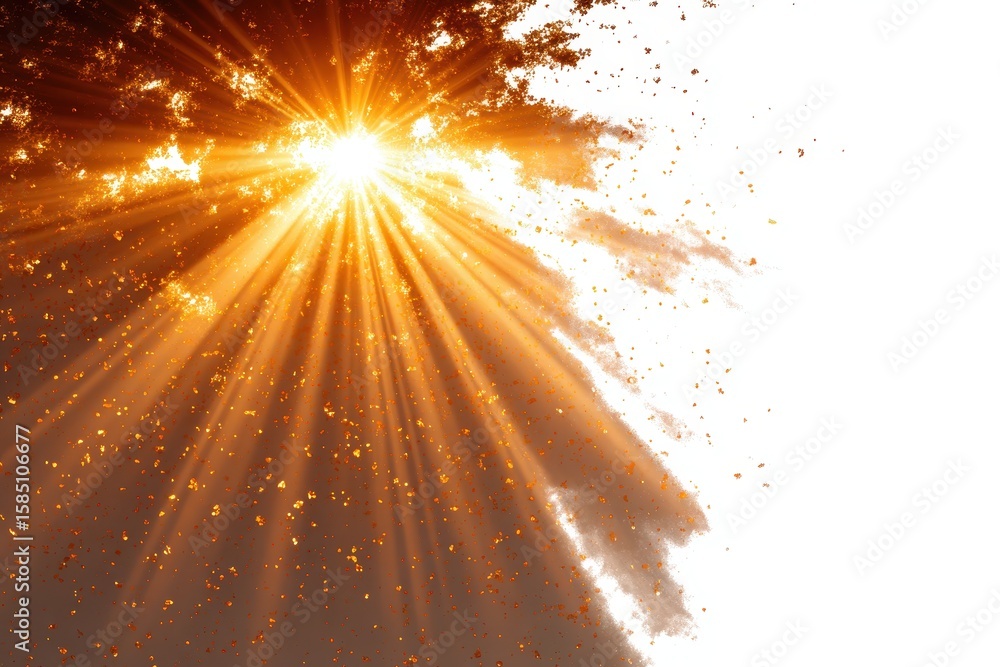 Poster golden sunburst emanating from a dark expanse against a white backdrop, creating a dynamic and ether
