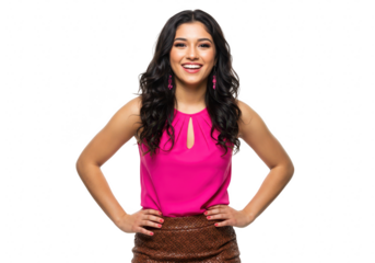 A smiling young woman with long dark wavy hair and pink top stands with hands on hips isolated on transparent background