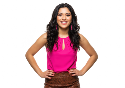 A smiling young woman with long dark wavy hair and pink top stands with hands on hips isolated on transparent background