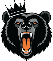 A fierce black bear illustration with a crown, roaring aggressively, showcasing sharp teeth.