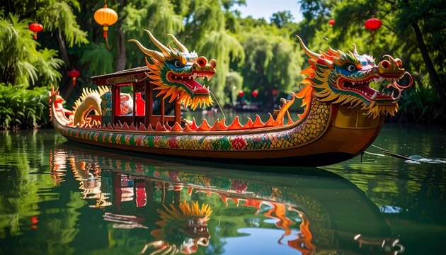 Colorful dragon boat on a calm river