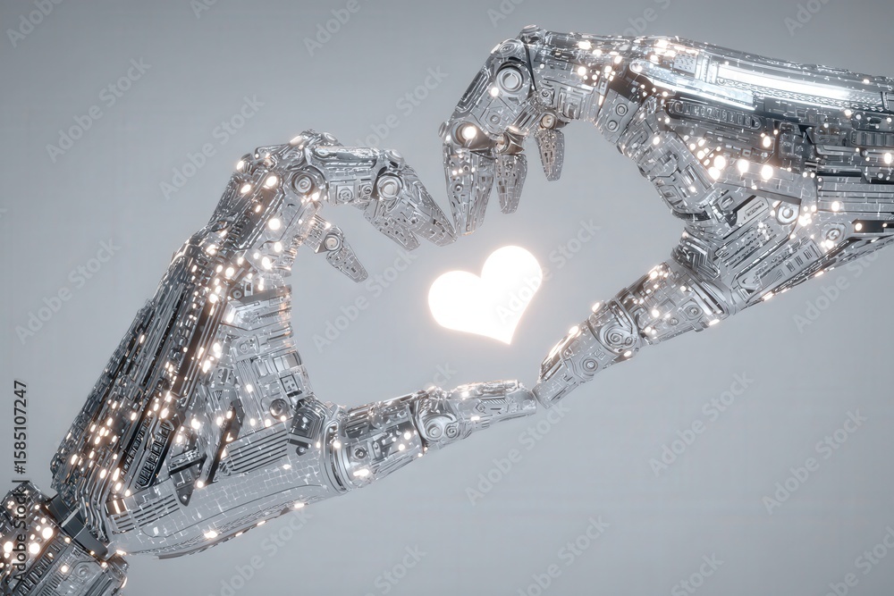 Poster futuristic robotic hands forming a heart shape illuminated next to a glowing symbol of love represen