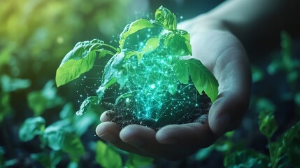 Smart Farming: Hand Holding Seedling with Digital Network Connection
