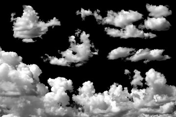 A collection of white fluffy clouds isolated on a black background. Abstract cloud, dark grey storm condensation. Concept effect design smoke fog, smog cloudy cutout. Mist overlay on Sky Summer