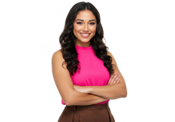 A confident young woman with long dark wavy hair and pink top crosses her arms and smiles isolated on transparent background