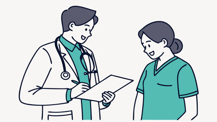 A doctor in a white coat with a stethoscope is writing on a clipboard while talking to a nurse in scrubs.