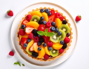 Colorful Mixed Fruit Tart with Fresh Berries, Kiwi, Mango, and Mint on a White Plate for Healthy Eating, Dessert, and Summer Fruit Celebration