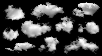 A collection of white fluffy clouds isolated on a black background. Abstract cloud, dark grey storm...