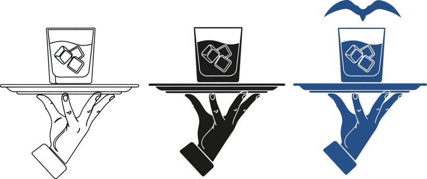Hand carrying a drink on a tray showcases cocktail beverage service in vector format, ideal for bar menus and drink promotions.