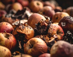 Rotten apples in a compost pile &ndash; organic food waste and natural decay concept