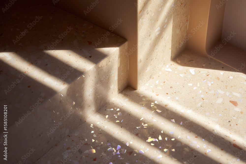 Poster warm beige room corner with terrazzo texture, sunlight casting soft shadows, creating calm and invit