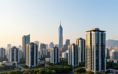 Naklejka premium City skyline with modern buildings and a prominent tower at sunset.