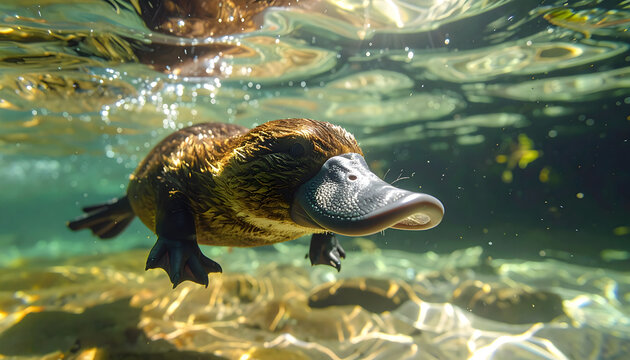 A platypus swimming underwater in a clear freshwater creek, natural Australian habitat animal