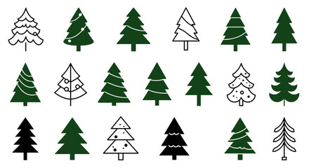 Obraz premium Diverse pine and fir tree icons in linear and silhouette styles