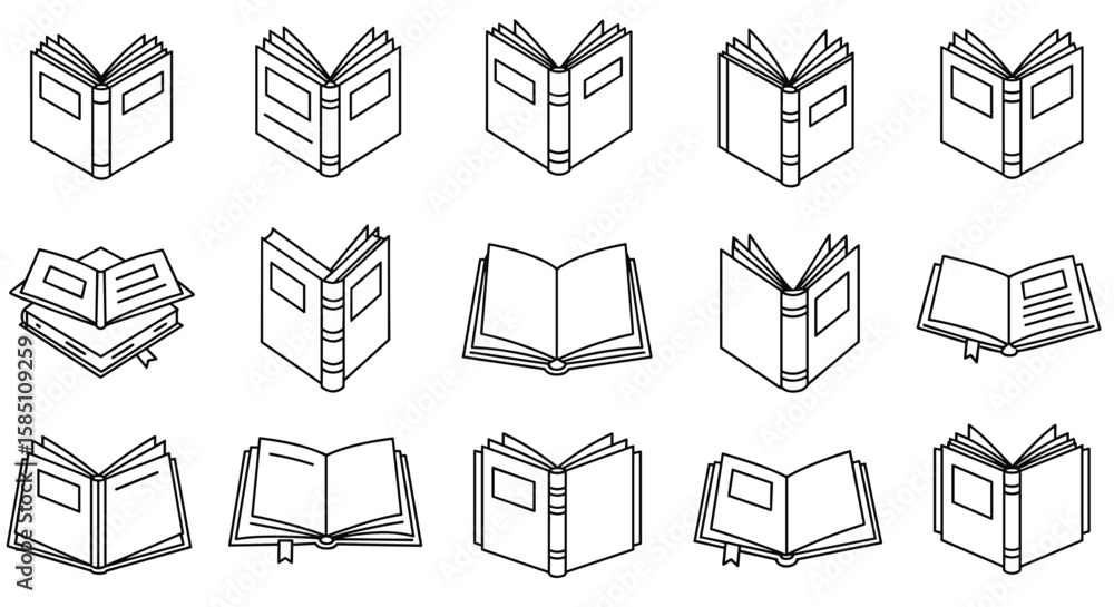 Poster collection of linear open books with different angles and styles