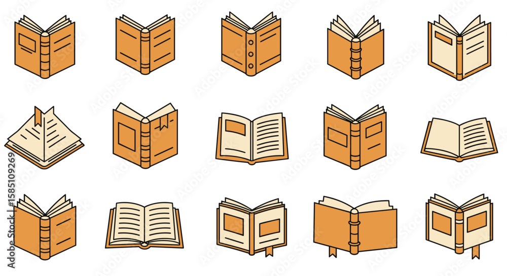 Poster collection of open and closed books in flat design style on white background