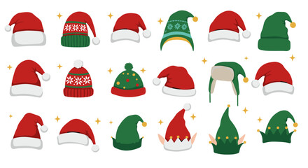 Festive santa and elf hats collection for holiday celebrations