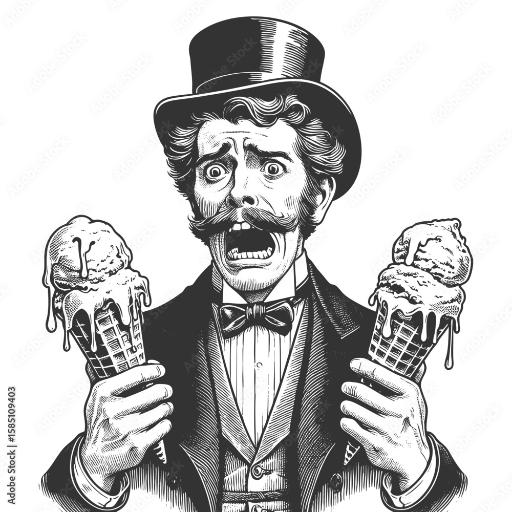Poster funny gentleman looking horrified while holding two melting ice cream cones sketch engraving generat