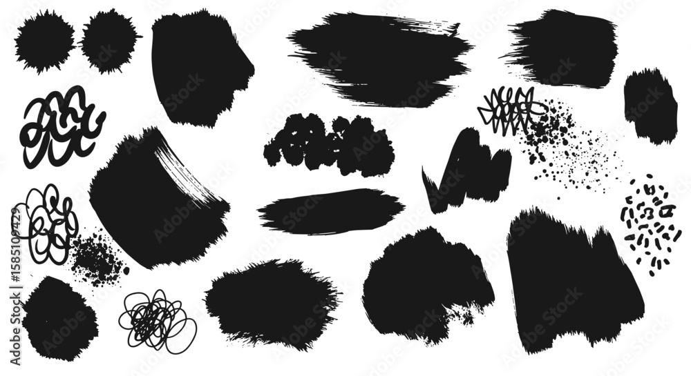 Poster abstract artistic brush strokes and splatter elements in black ink style