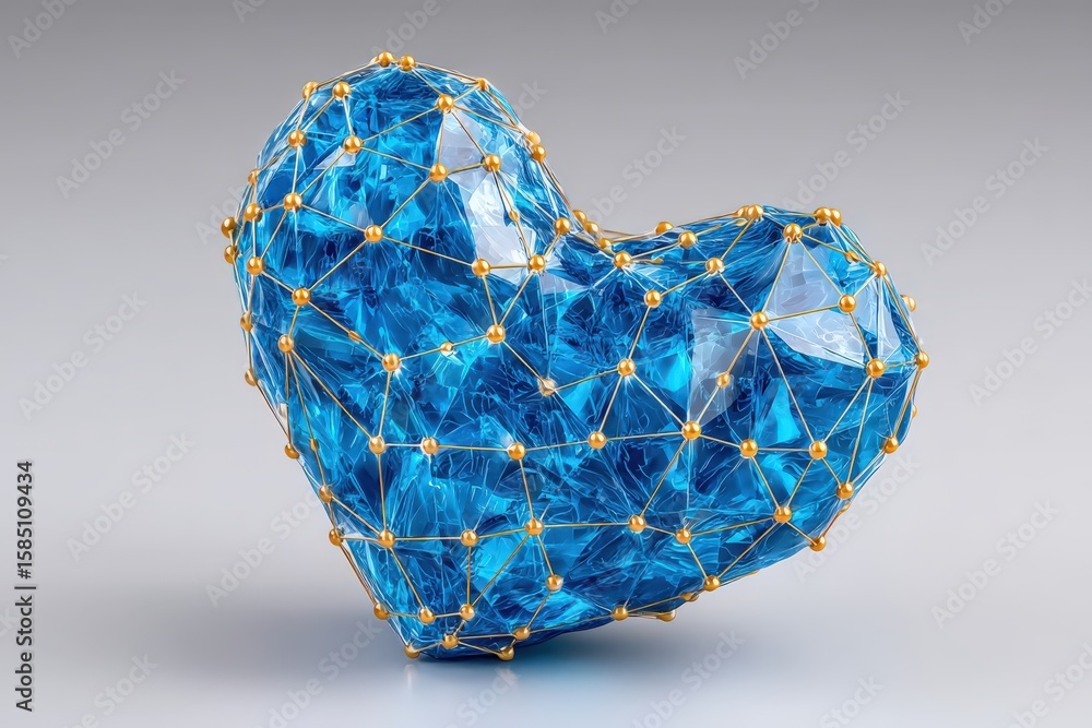 Poster the intricate design of a translucent blue heart sculpture interconnected with golden nodes reflecti