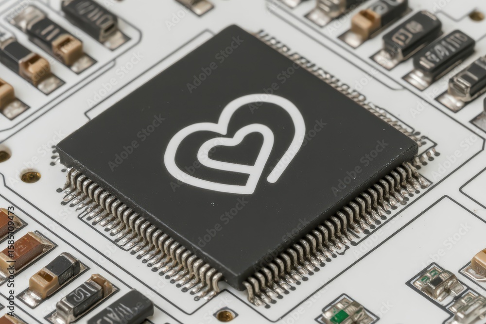 Poster intricate microchip design featuring a heart symbol reflecting the fusion of technology and emotion 