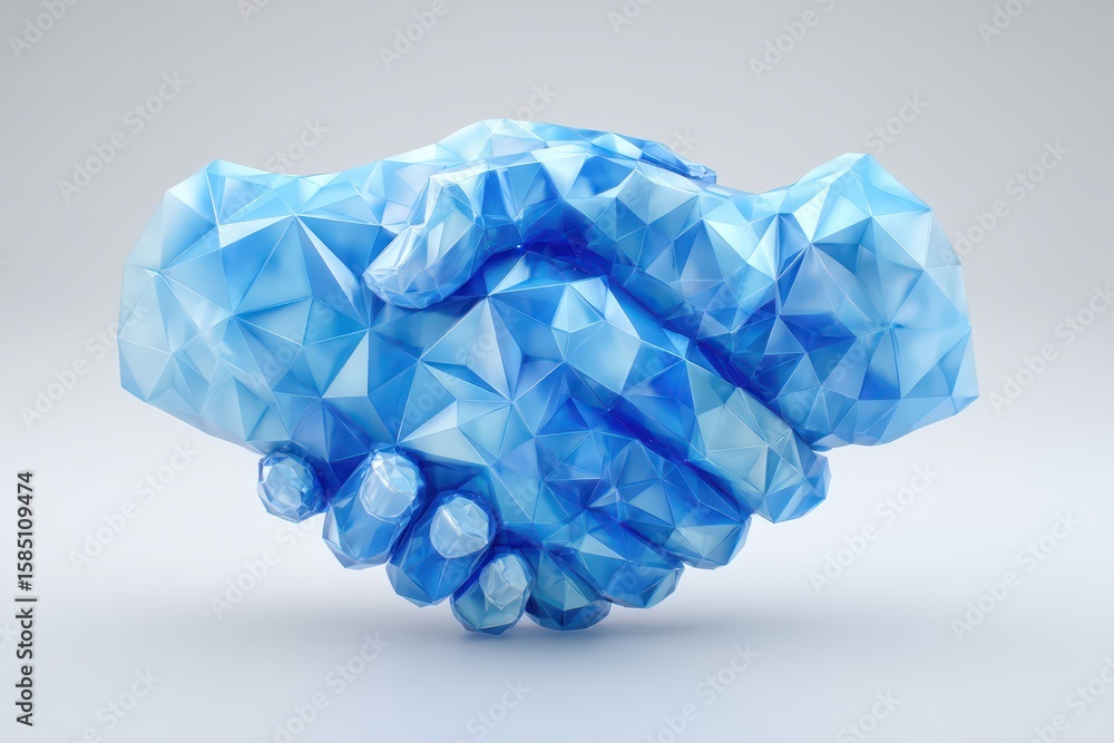 Poster abstract illustration of interconnected hands blending in a captivating blue low-poly design symboli