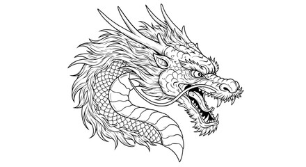 Obraz premium Intricate dragon head with scales and fangs in black and white line art style
