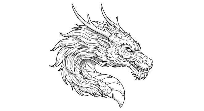 Intricate dragon head line art with flowing mane and detailed features