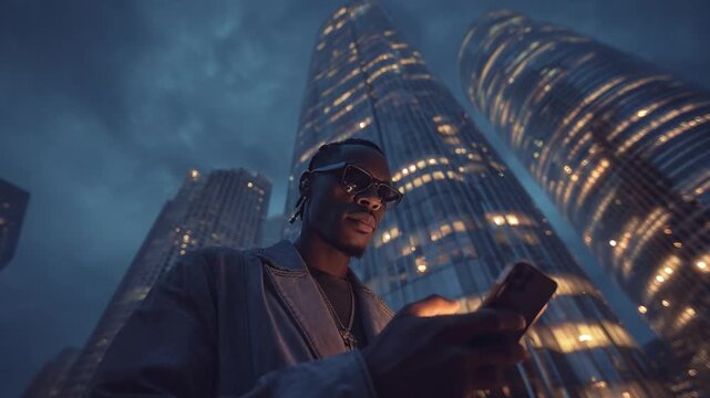 Urban Pioneer: A distinguished figure in a modern business suit, silhouetted against a dramatic, futuristic cityscape at dusk, using their phone amidst towering skyscrapers. 