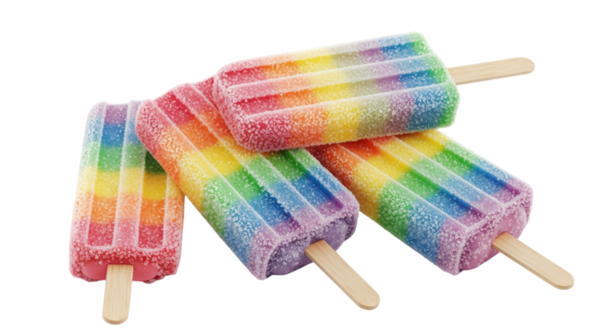 Delight in these colorful rainbow popsicles stacked on a transparent background, perfect for summertime treats and refreshing sweets.