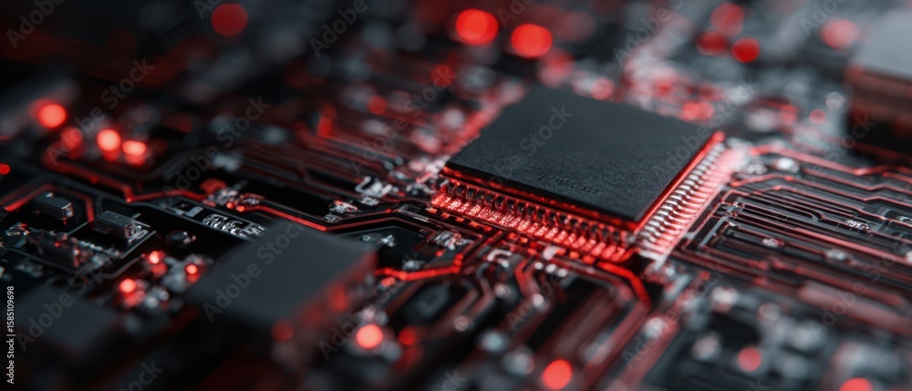Poster the intricate red circuitry featuring a central microchip in modern electronics