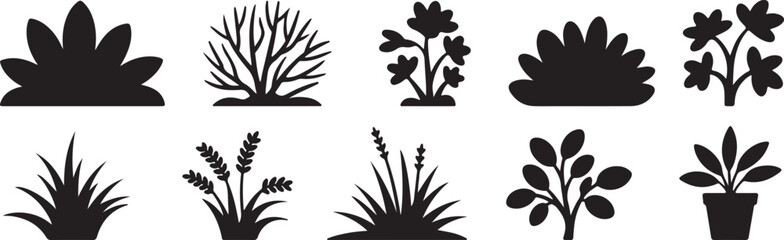 Obraz premium Various stylized plant silhouettes including leafy bushes flowering plants and potted greenery silhouette, vector, isolated on white background, cutout, png, clipping path, transparent, image, downloa