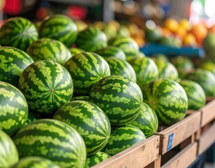 Fresh watermelons stacked in wooden crates at a local market