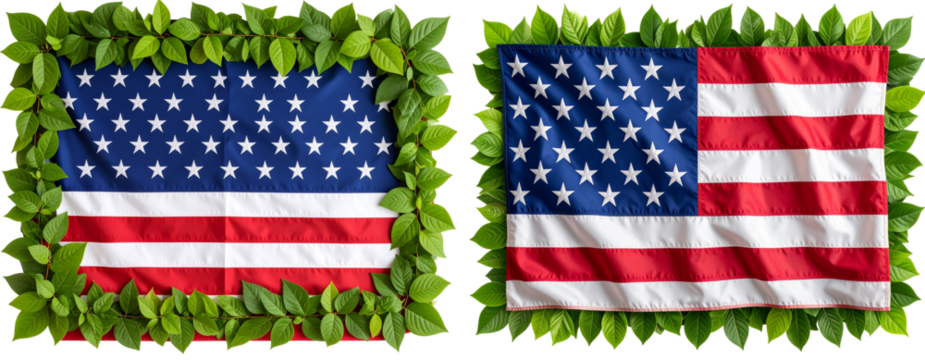 Set ot  Patriotic Memorial Day background with US flag and leafy greenery, isolated on transparent background PNG