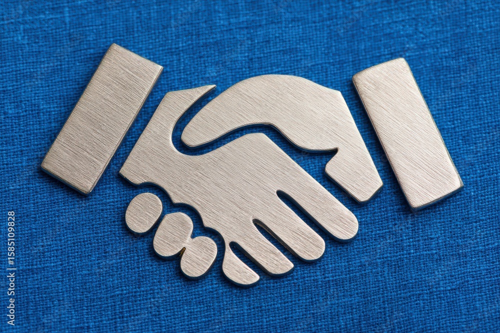 Poster symbolic representation of partnership with interlocking hands on a textured blue background highlig