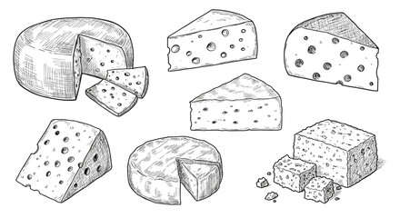 Hand drawn cheese collection: various cheese types in vintage sketch style