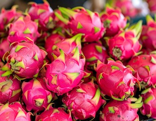 Fresh red dragon fruits stacked at a local market