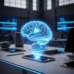 AI Brain Hologram Projected from Smartphone on Desk with Tech Gadgets and Blue Neon Glow