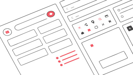 Illustration of a user interface with search bar, text boxes, icons, and a list with red accents design element