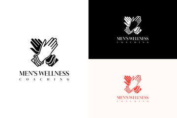 vector illustration of two hands joined together, icon, logo for male therapy, men's support, emotional health, mindful man, men's self care, self improvement, men's wellness coaching, and more