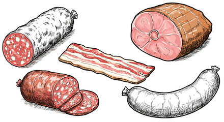 Hand drawn assorted meats: sausage, bacon and ham delights in sketch style