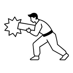 Dynamic line art of a martial artist breaking a wooden board isolated on white background